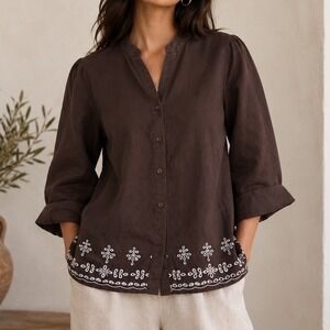 Ecologie Brown 100% Linen Embroidered Hem Mandarin Collar Button Down top XL q3